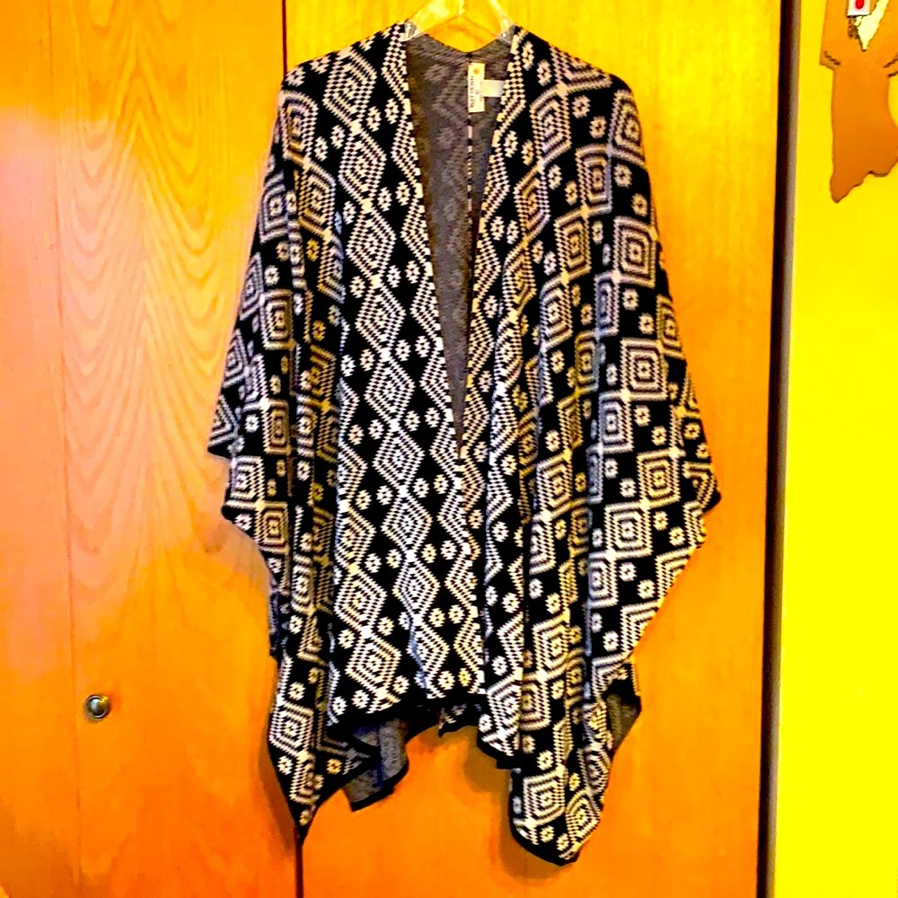 Ruff Hewn black white native geo print poncho cardigan oversized sweater WORN 1X